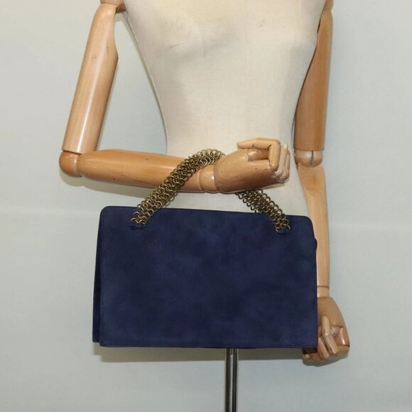 PRADA Chain Hand Bag Suede Navy Gold Auth yk17929 - Picture 15 of 16
